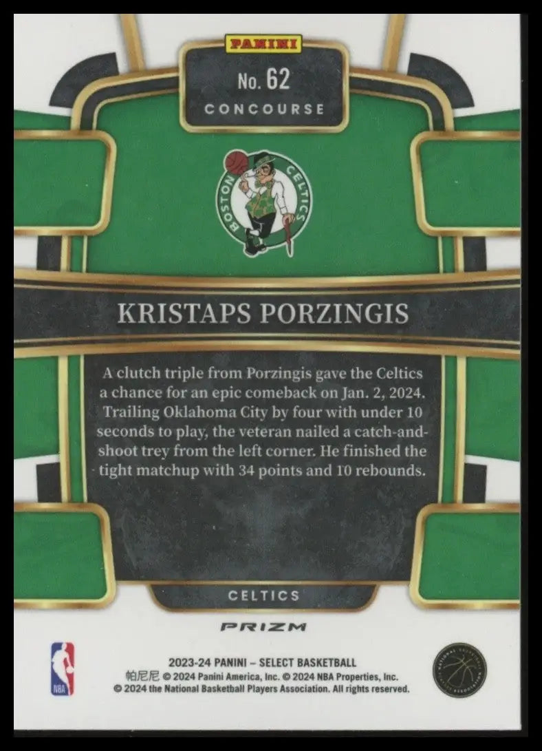 2023-24 Panini Select Blue Concourse Kristaps Porzingis #62 Boston Celtics Card - Basketball Card Single