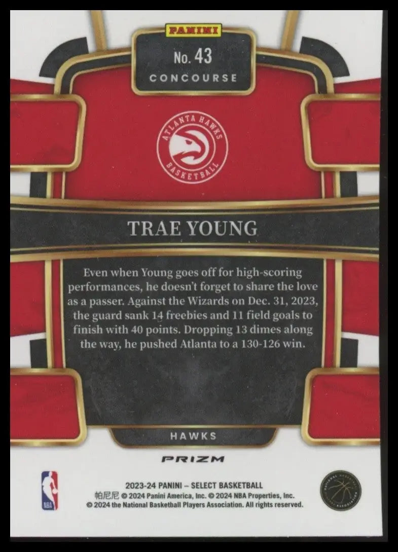 2023-24 Panini Select Blue Concourse Trae Young #43 Atlanta Hawks Basketball NBA - Basketball Card Single