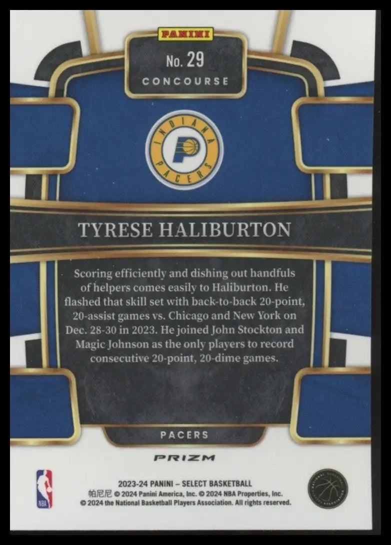 2023-24 Panini Select Blue Concourse Tyrese Haliburton #29 Indiana Pacers Card - Basketball Card Single