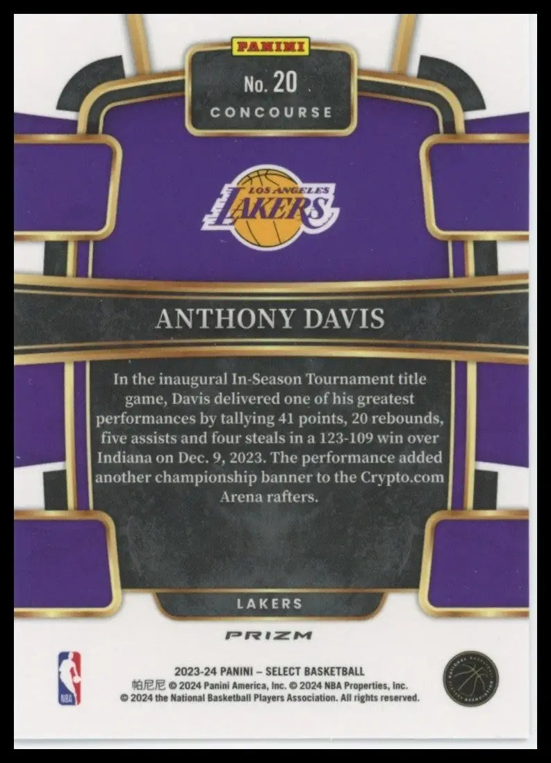 2023-24 Panini Select Blue Cracked Ice Concourse Anthony Davis #20 LA Lakers NBA - Basketball Card Single