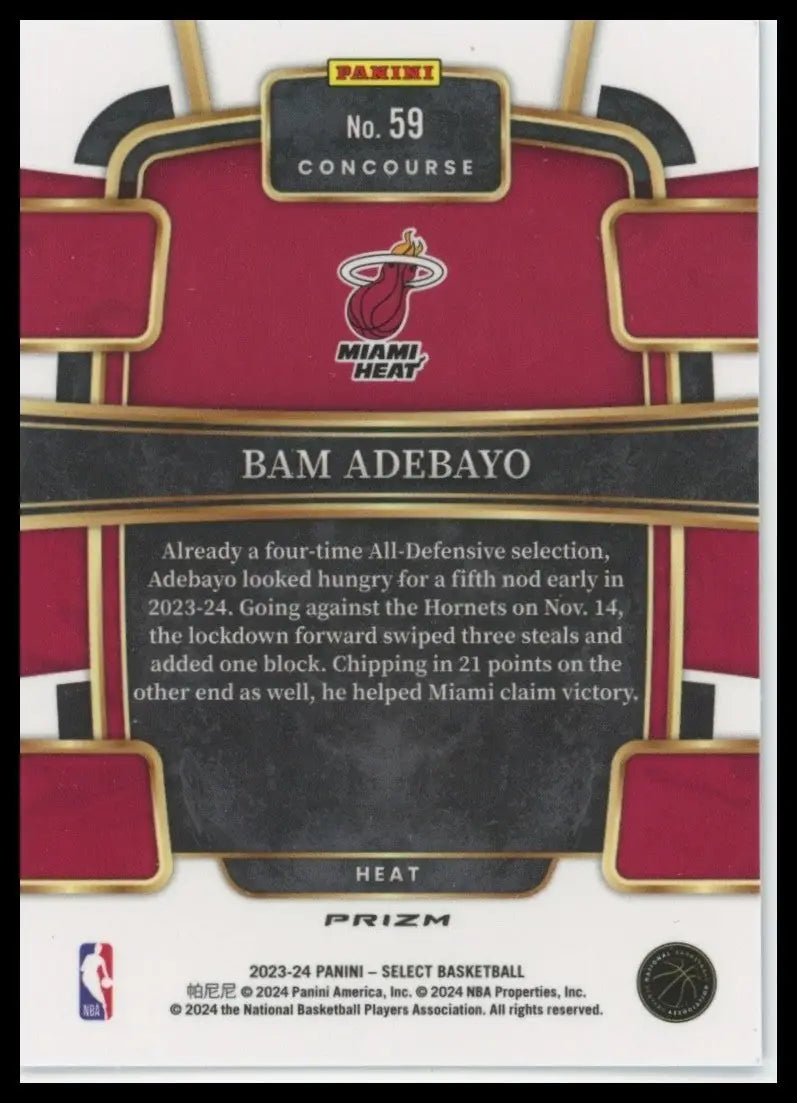 2023-24 Panini Select Blue Cracked Ice Concourse Bam Adebayo #59 Miami Heat Card - Basketball Card Single