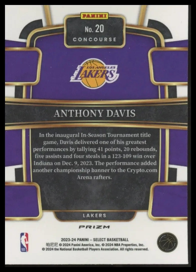 2023-24 Panini Select Red Cracked Ice Concourse Anthony Davis #20 LA Lakers Card - Basketball Card Single