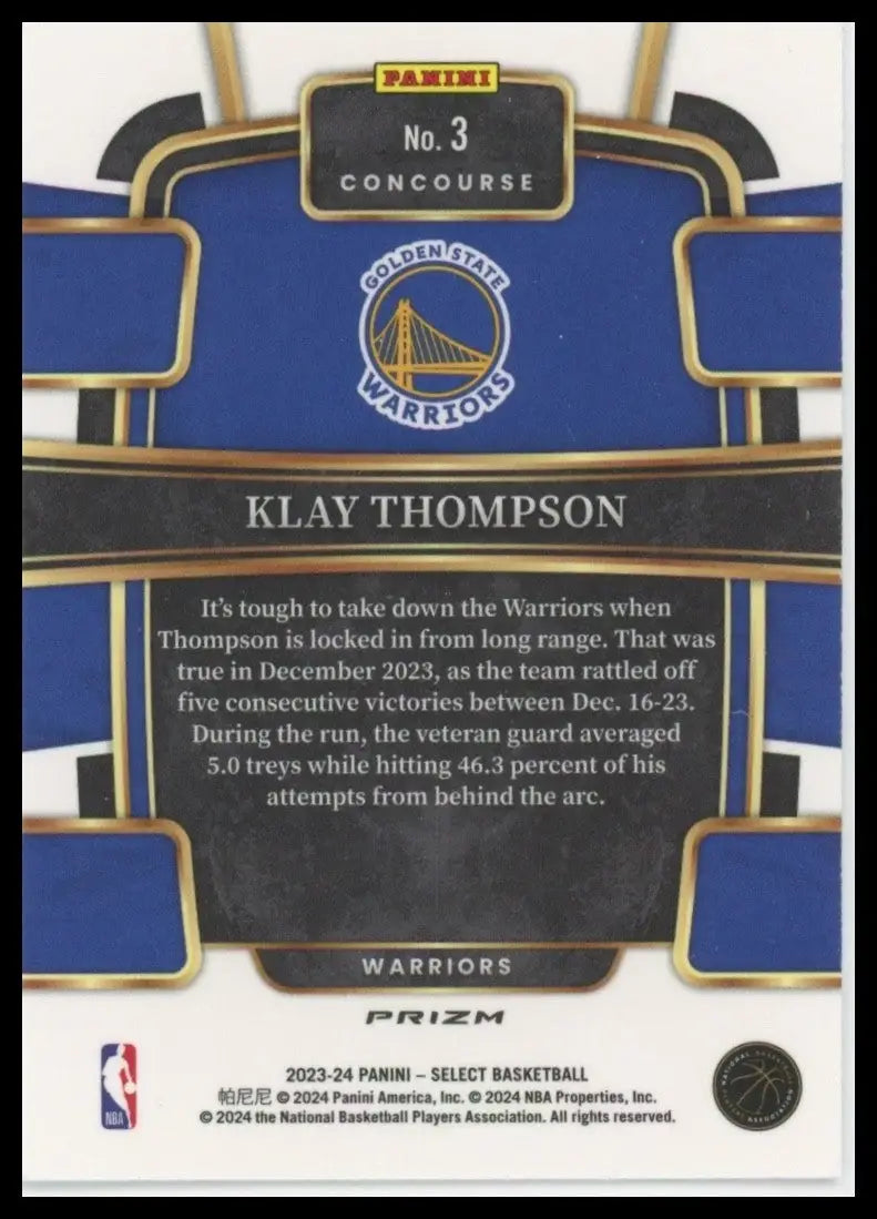 2023-24 Panini Select Silver Concourse Klay Thompson #3 Golden State Warriors - Basketball Card Single