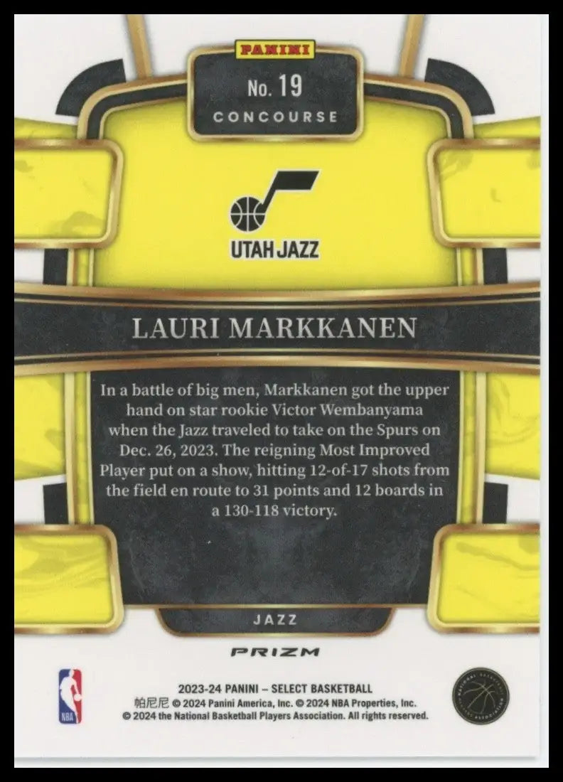 2023-24 Panini Select Silver Concourse Lauri Markkanen #19 Utah Jazz Basketball - Basketball Card Single
