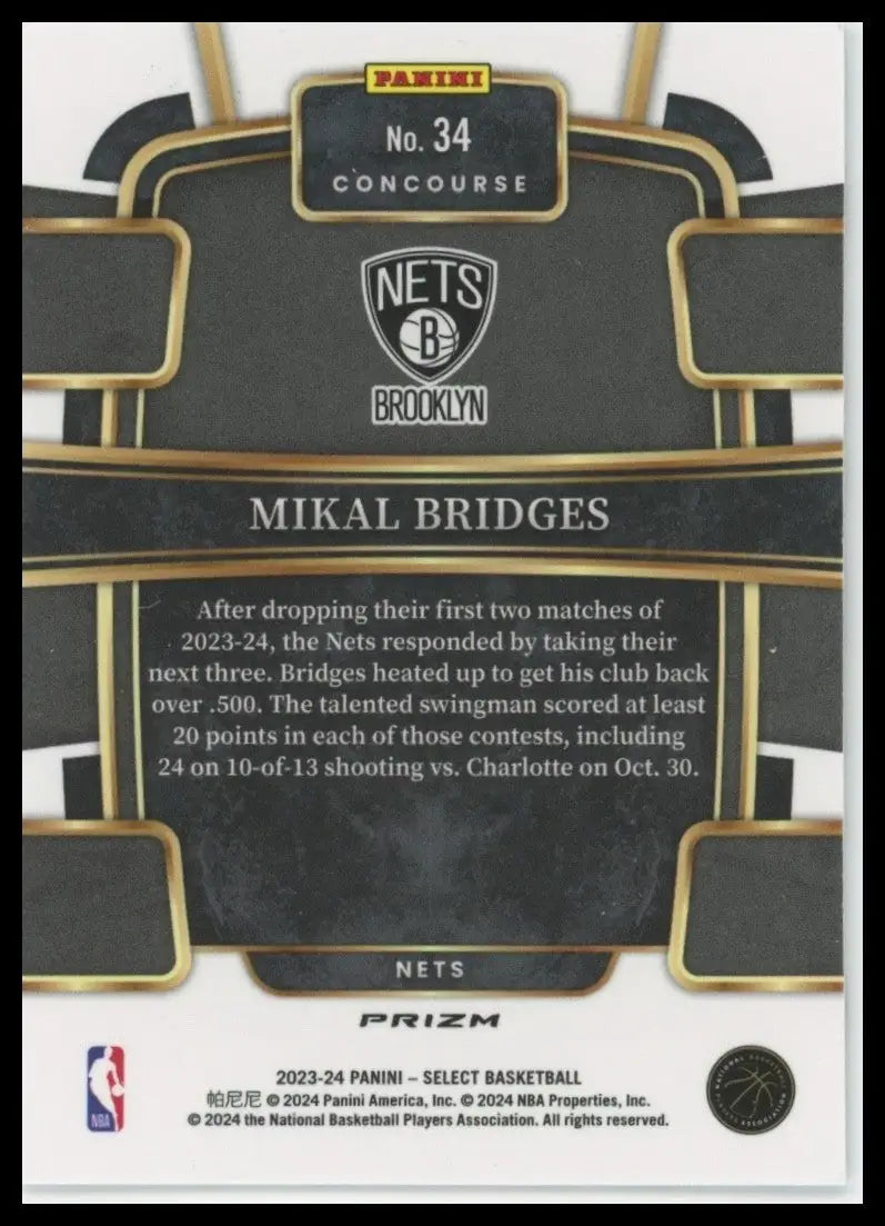 2023-24 Panini Select Tectonic Concourse Mikal Bridges #34 Brooklyn Nets Card - Basketball Card Single