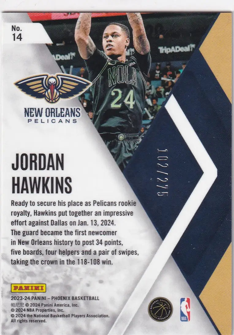 2023-24 PHOEENIX #14 JORDAN HAWKINS CRACKED ICE 102/275- NEW ORLEANS PELICANS - Basketball Card Single