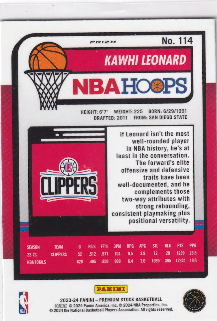 2023-24 PREMIUM STOCK #114 KAWHI LEONARD RAY WAVE- LOS ANGELES CLIPPERS - Basketball Card Single