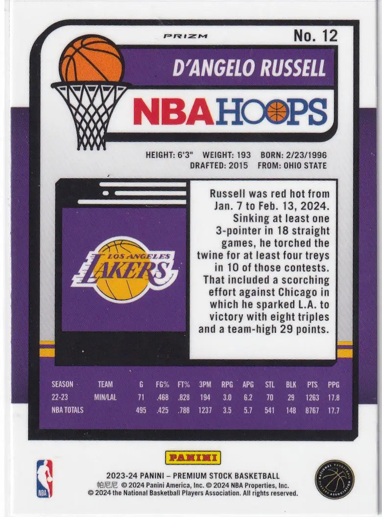 2023-24 PREMIUM STOCK #12 DANGELO RUSSELL REFRACTOR- LOS ANGELES LAKERS