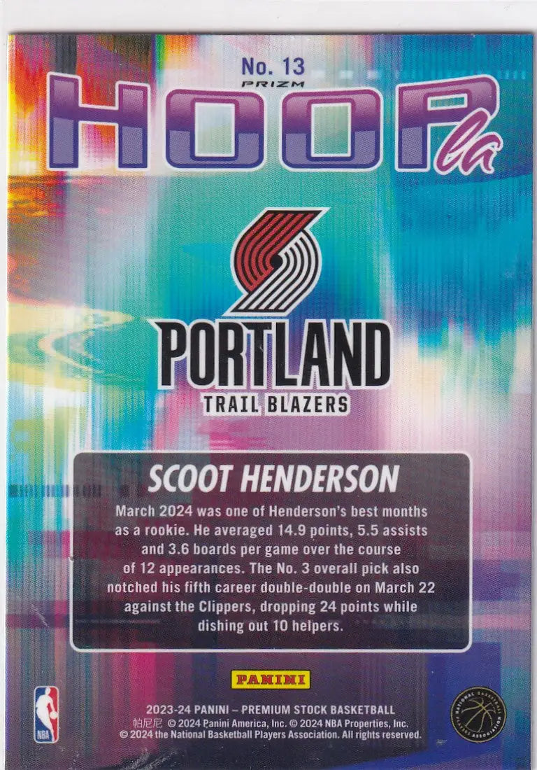 2023-24 PREMIUM STOCK #13 SCOOT HENDERSON HOOPLA HOLO- PORTLAND TRAIL BLAZZERS - Basketball Card Single