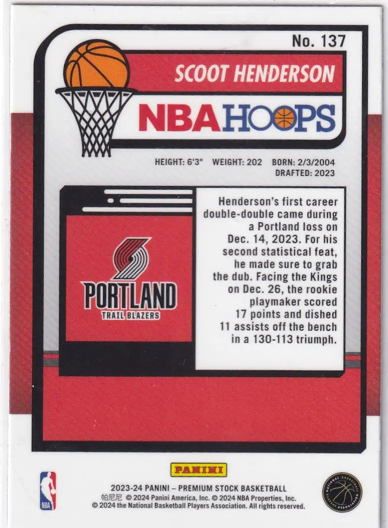 2023-24 PREMIUM STOCK #137 SCOOT HENDERSON- PORTLAND TRAIL BLAZZERS - Basketball Card Single
