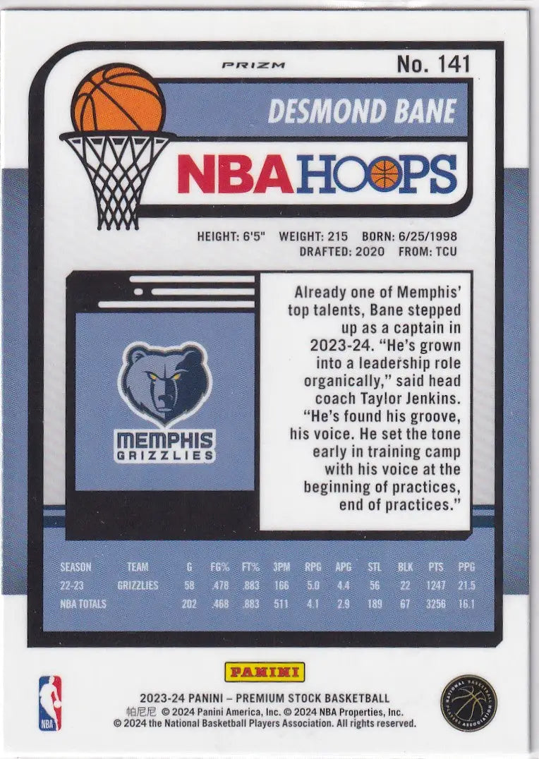 2023-24 PREMIUM STOCK #141 DESMOND BANE SIESMIC- GRIZZLIES MEMPHIS - Basketball Card Single