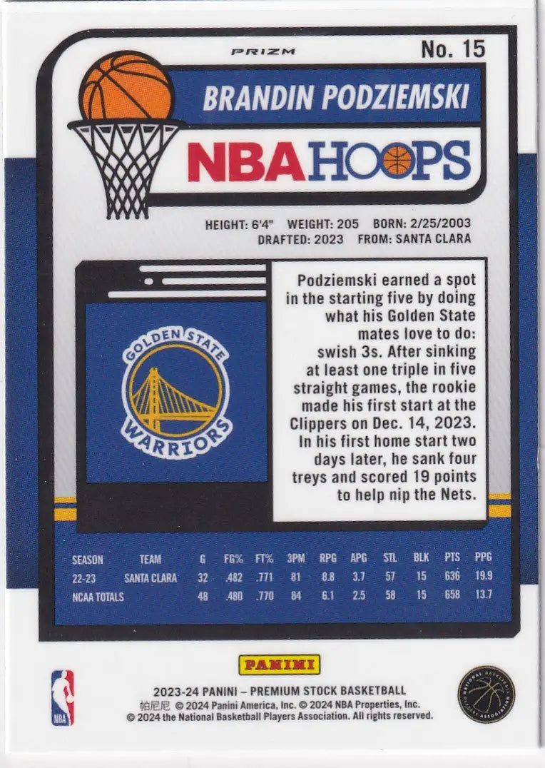 2023-24 PREMIUM STOCK #15 BRANDIN PODZIEMSKI CRACKED ICE- GOLDEN STATE WARRIORS