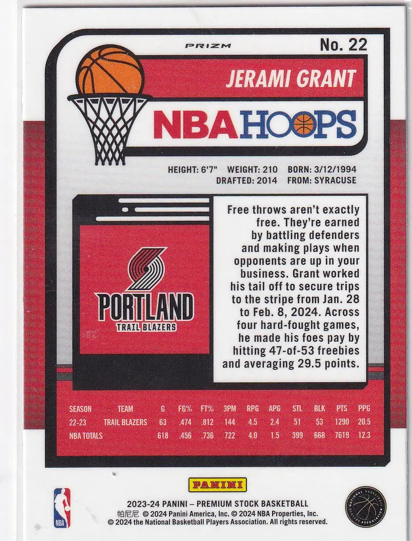 2023-24 PREMIUM STOCK #22 JERAMI GRANT REFRACTOR- PORTLAND TRAIL BLAZZERS - Basketball Card Single