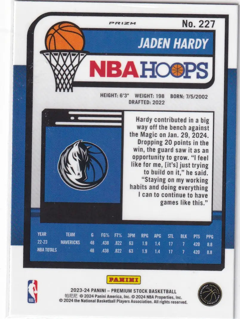 2023-24 PREMIUM STOCK #227 JADEN HARDY CRACKED ICE- DALLAS MAVERICKS