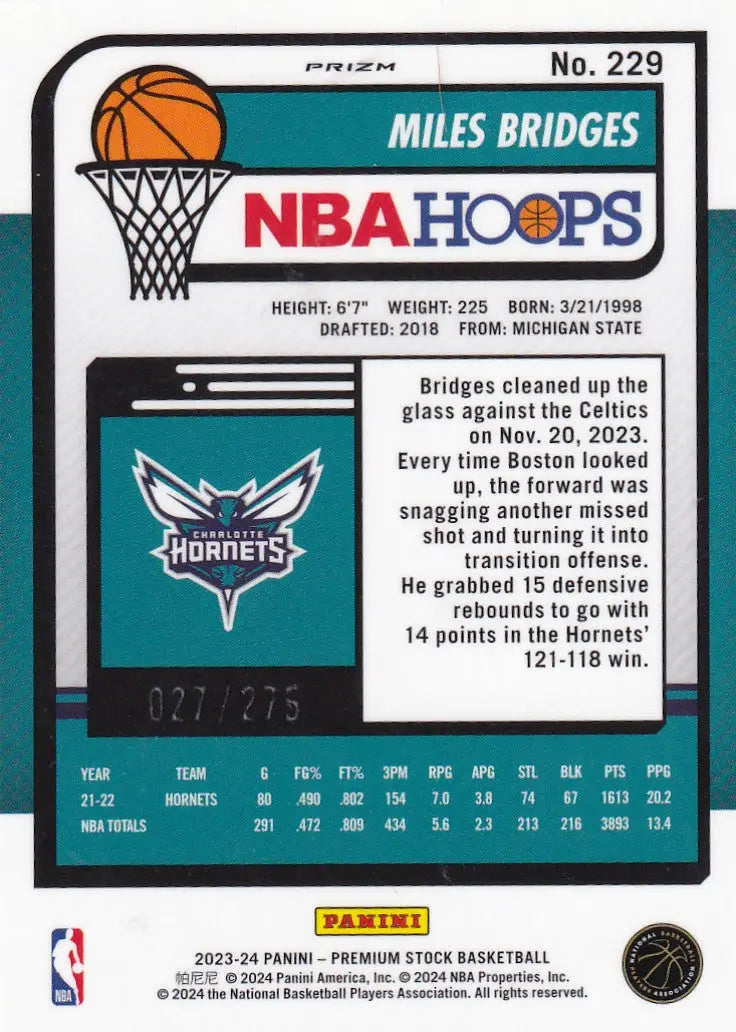 2023-24 PREMIUM STOCK #229 MILES BRIDGES RED 27/275- CHARLOTTE HORNETS - Basketball Card Single