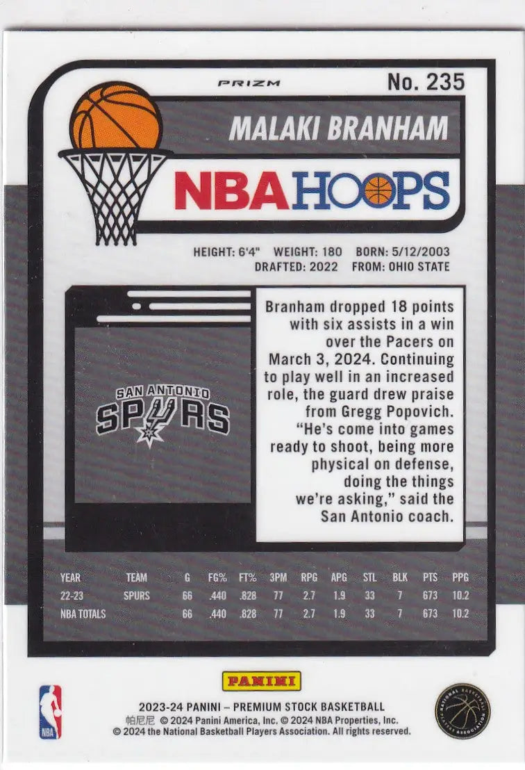 2023-24 PREMIUM STOCK #235 MALAKI BRANHAM SIESMIC- SAN ANTONIO SPURS