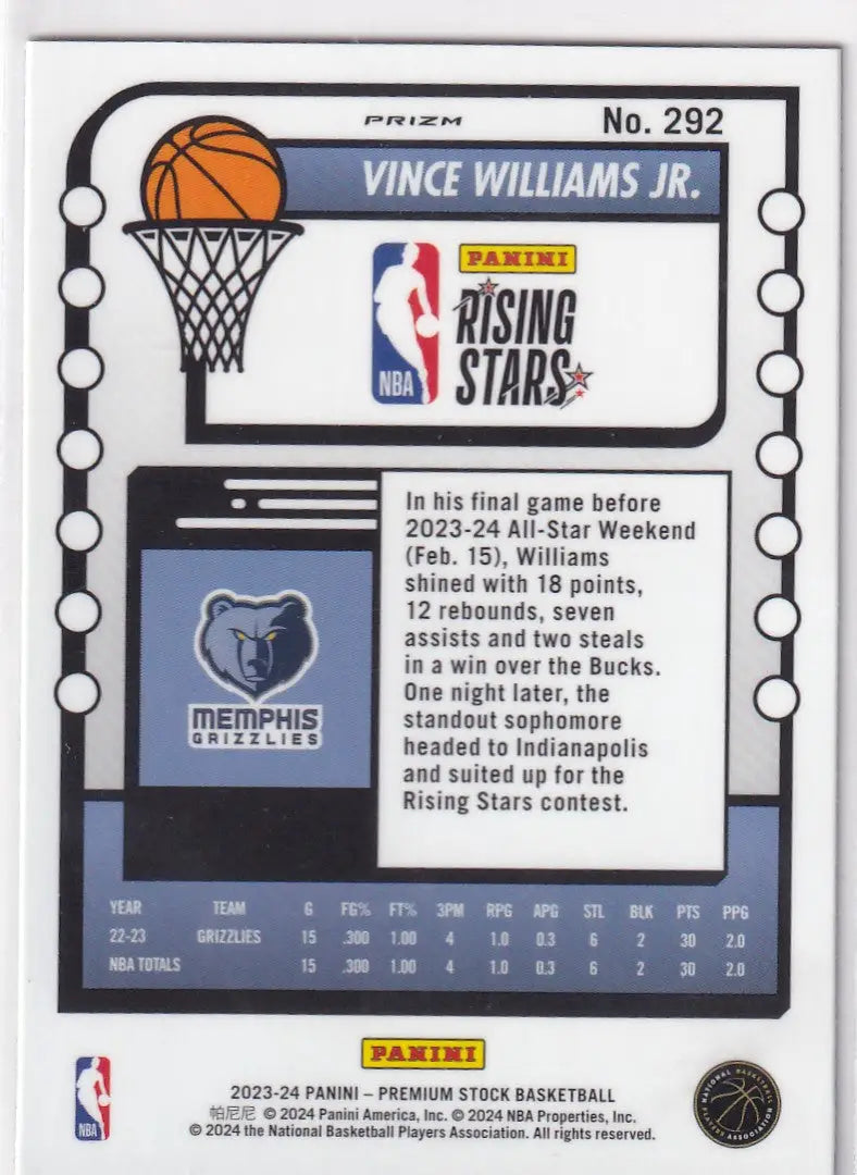 2023-24 PREMIUM STOCK #292 VINCE WILLIAMS JR STAR CRACKED ICE- MEMPHIS GRIZZLIES - Basketball Card Single