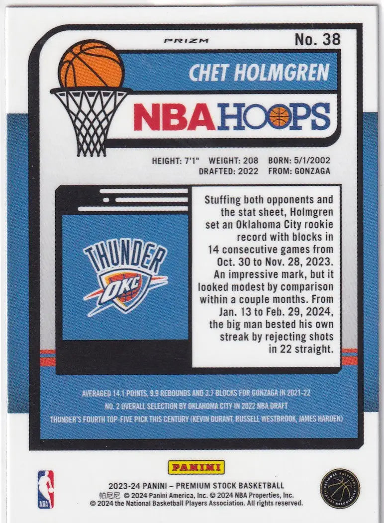 2023-24 PREMIUM STOCK #38 CHET HOLMGREN CRACKED ICE- OKLAHOMA CITY THUNDER