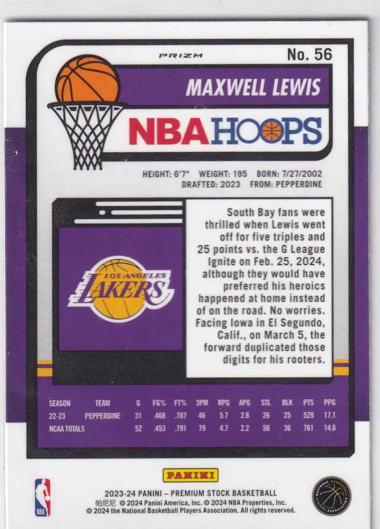 2023-24 PREMIUM STOCK #56 MAXWELL LEWIS SIESMIC- LOS ANGELES LAKERS