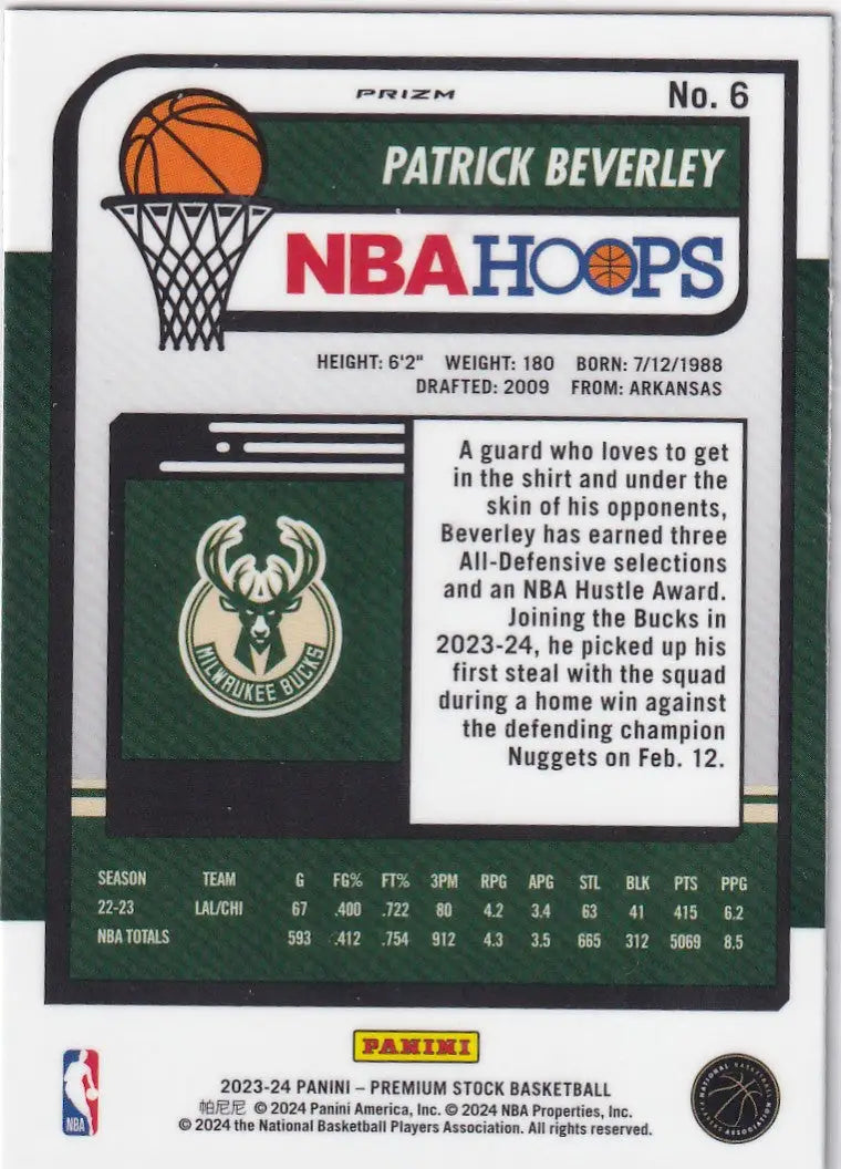 2023-24 PREMIUM STOCK #6 PATRICK BEVERLEY REFRACTOR- MILWAUKEE BUCKS - Basketball Card Single