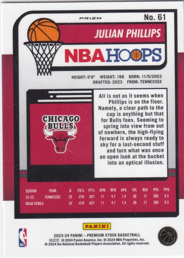 2023-24 PREMIUM STOCK #61 JULIAN PHILLIPS CRACKED ICE- CHICAGO BULLS - Basketball Card Single