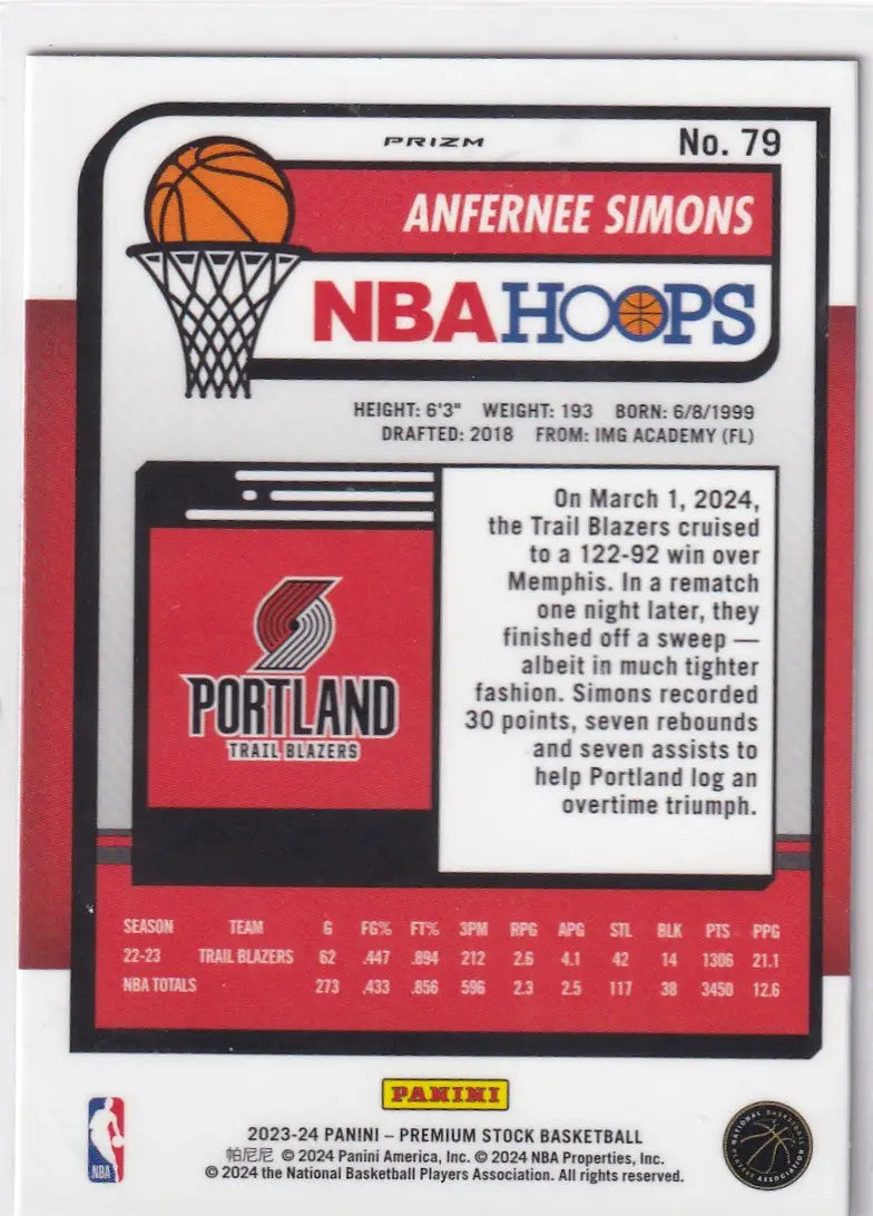 2023-24 PREMIUM STOCK #79 ANFERNEE SIMONS CRACKED ICE- PORTLAND TRAIL BLAZZERS - Basketball Card Single