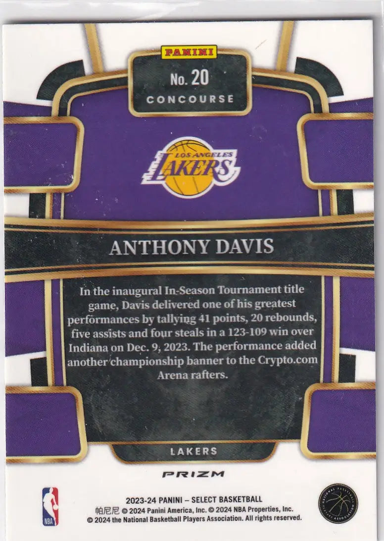 2023-24 SELECT #20 ANTHONY DAVIS GREEN & PURPLE HOLO- LOS ANGELES LAKERS