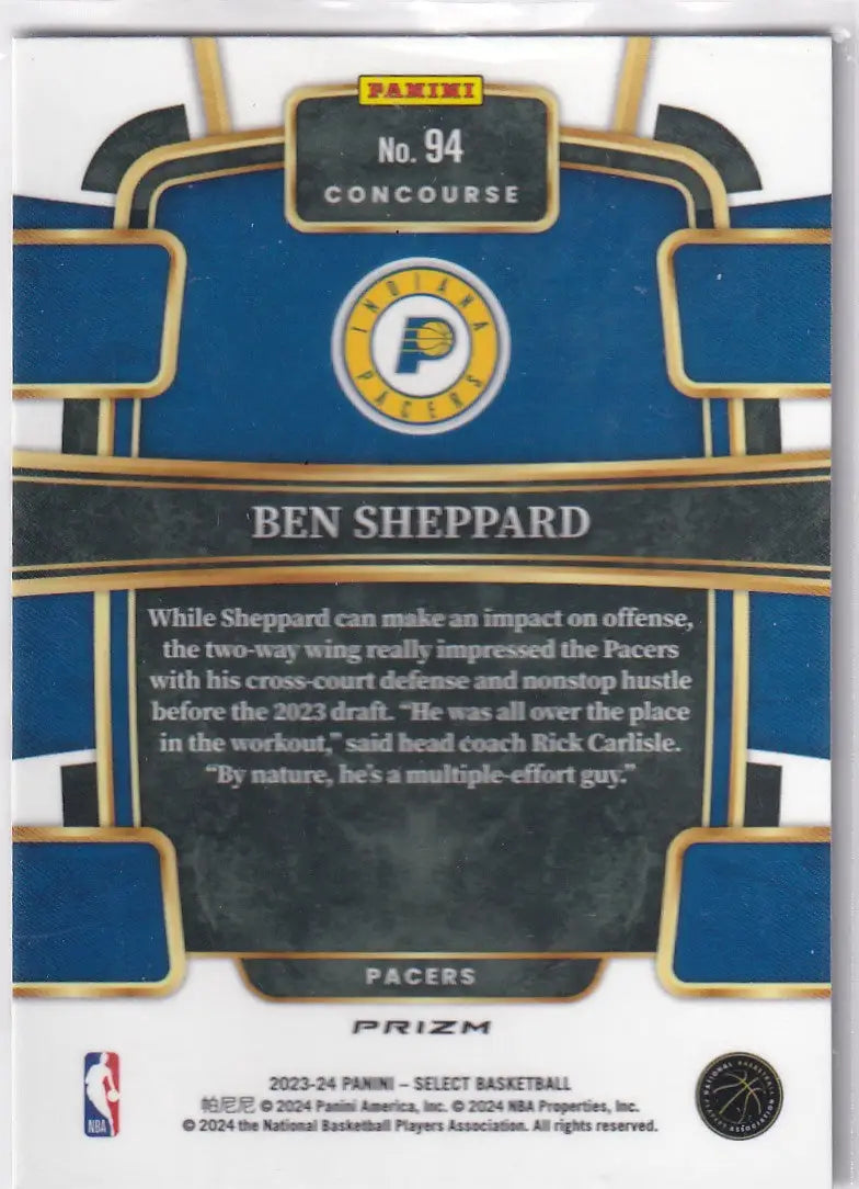 2023-24 SELECT #94 BEN SHEPPARD SIESMIC- INDIANA PACERS - Basketball Card Single