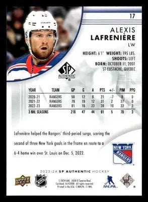 2023-24 SP Authentic #17 Alexis Lafreniere - Hockey Card Single