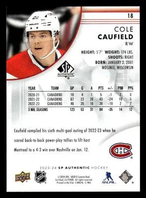 2023-24 SP Authentic #18 Cole Caufield - Hockey Card Single