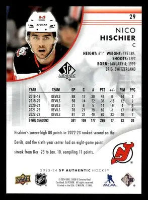 2023-24 SP Authentic #29 Nico Hischier - Hockey Card Single
