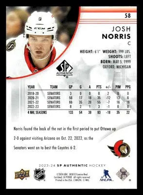 2023-24 SP Authentic #58 Josh Norris - Hockey Card Single