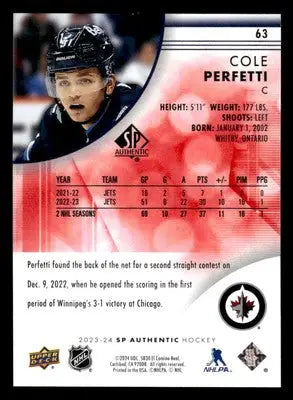 2023-24 SP Authentic #63 Cole Perfetti Limited Red - Hockey Card Single