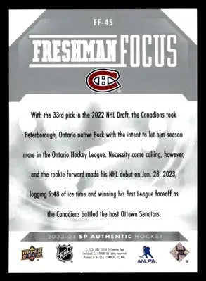 2023-24 SP Authentic #FF-45 Owen Beck Freshman Focus - Hockey Card Single