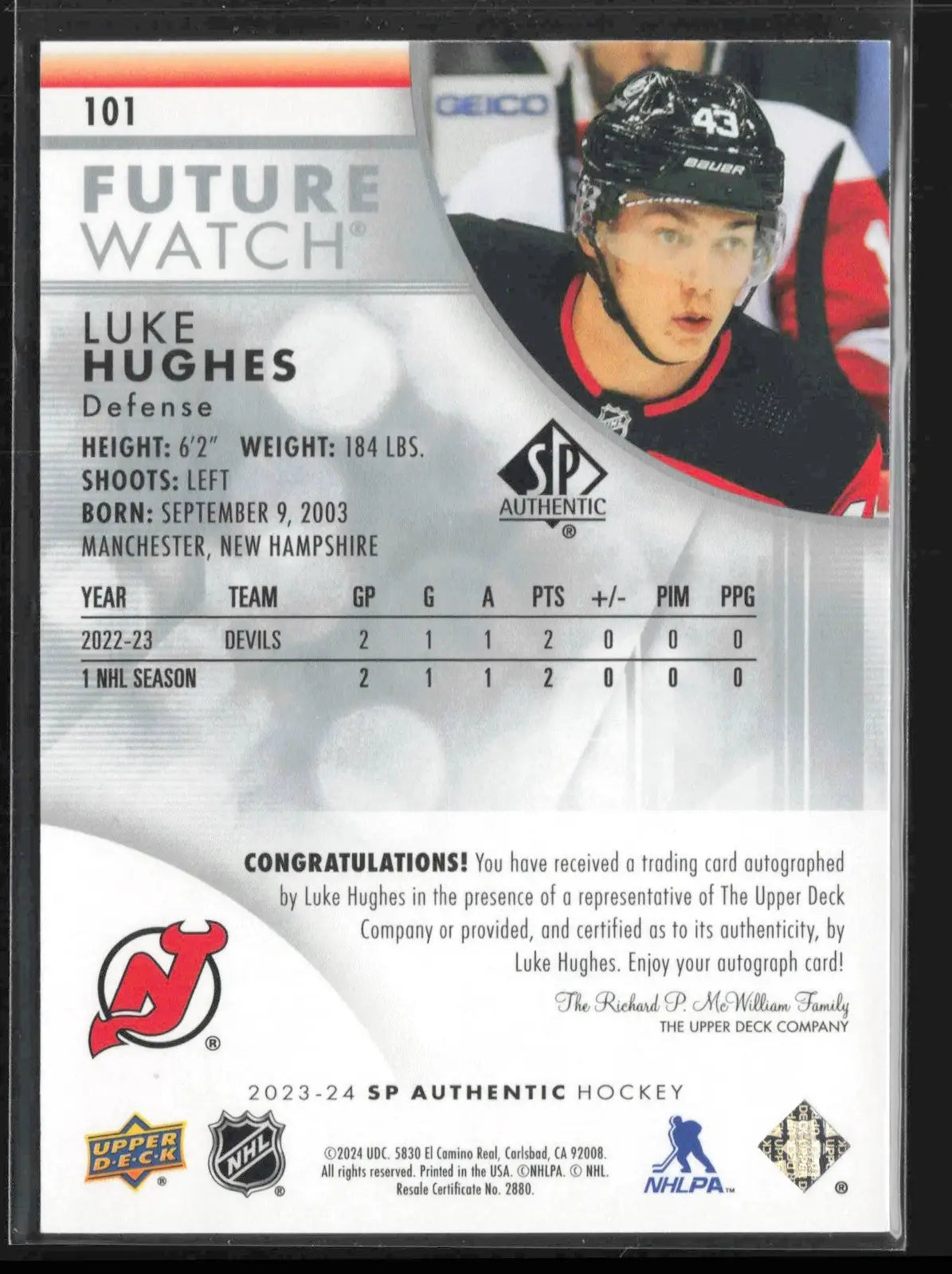 2023-24 SP Authentic Future Watch Auto Luke Hughes #101 RC /999 NJ Devils - Hockey Card Single