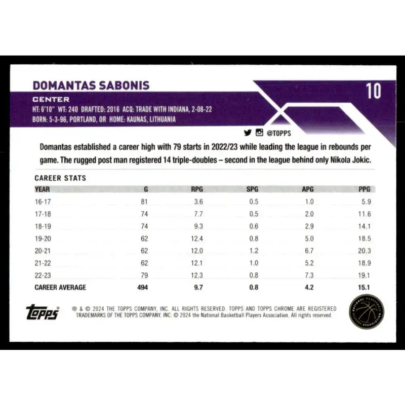 2023-24 Topps Chrome #10 Domantas Sabonis NM-MT Sacramento Kings Basketball Card - Basketball Card Single