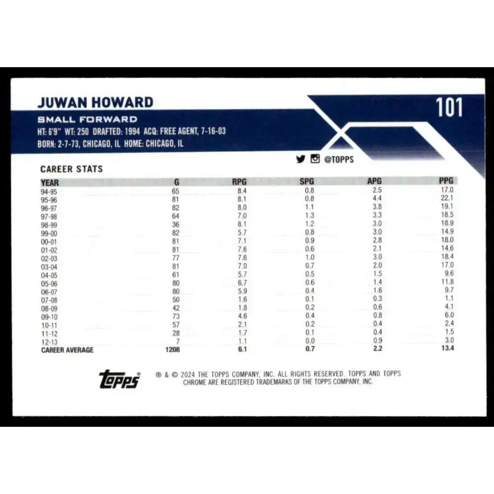 2023-24 Topps Chrome #101 Juwan Howard NM-MT Washington Wizards Basketball Card - Basketball Card Single