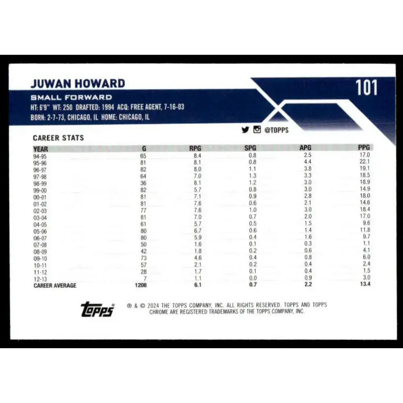 2023-24 Topps Chrome #101 Juwan Howard NM-MT Washington Wizards Basketball Card - Basketball Card Single