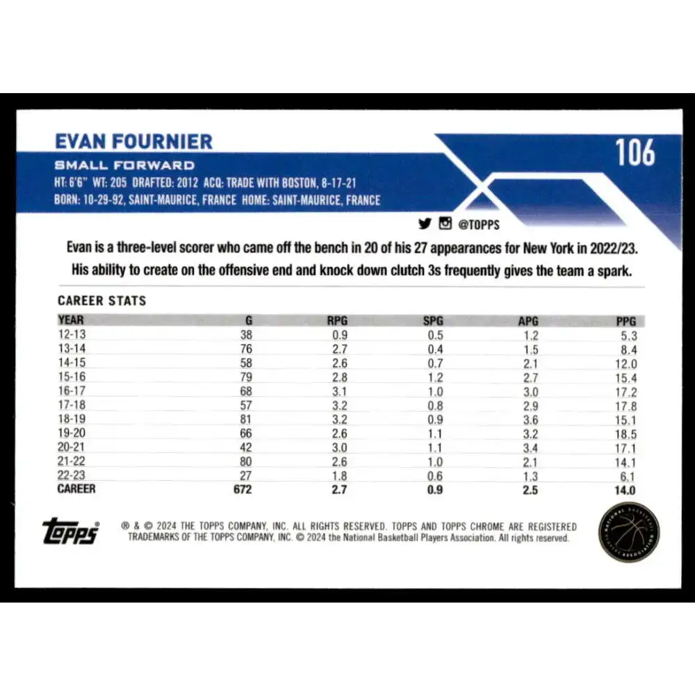 2023-24 Topps Chrome #106 Evan Fournier NM-MT Detroit Pistons Basketball Card - Basketball Card Single