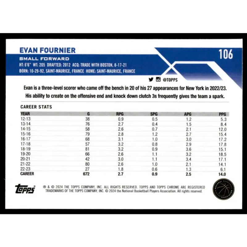 2023-24 Topps Chrome #106 Evan Fournier NM-MT Detroit Pistons Basketball Card - Basketball Card Single
