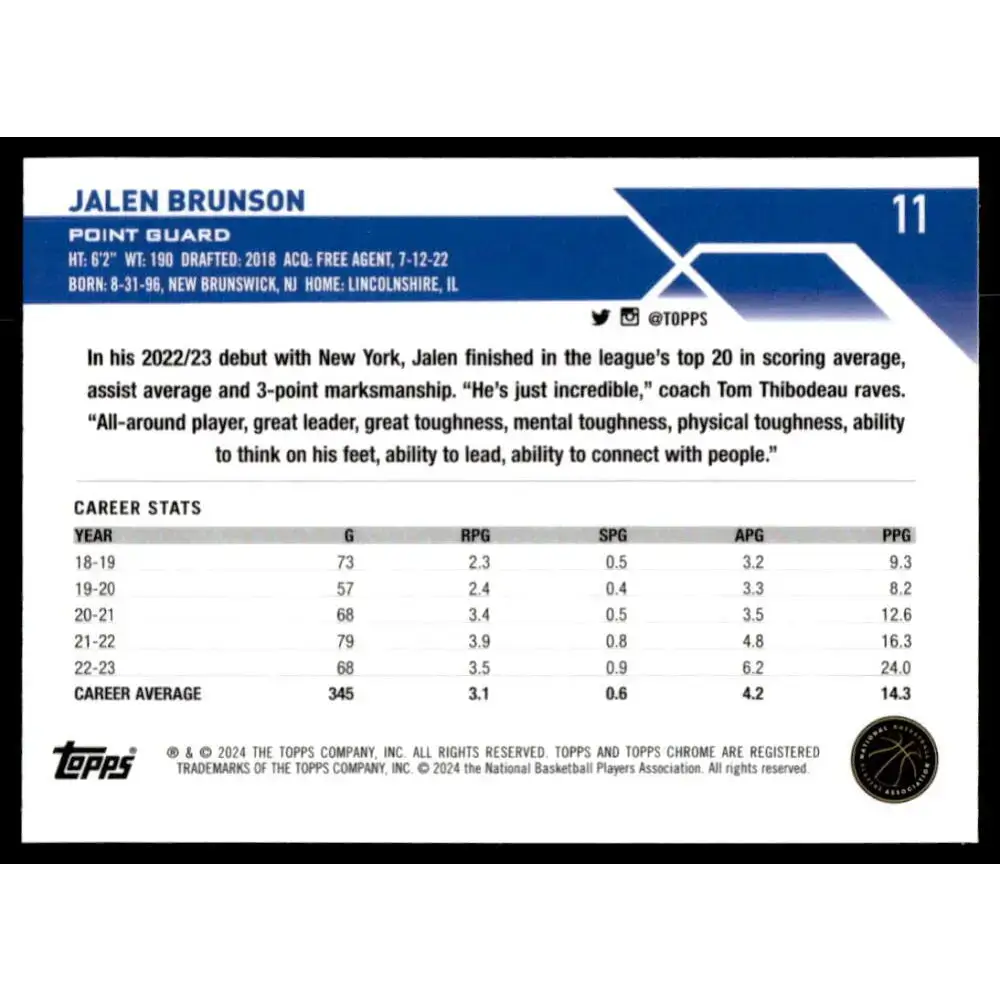 2023-24 Topps Chrome #11 Jalen Brunson NM-MT New York Knicks Basketball Card - Basketball Card Single