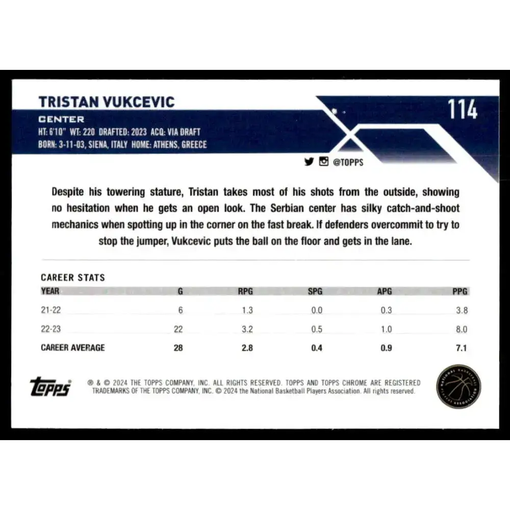 2023-24 Topps Chrome #114 Tristan Vukcevic NM-MT Washington Wizards Basketball Card - Basketball Card Single