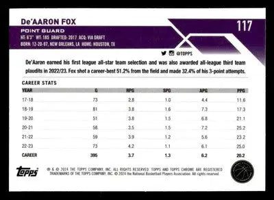 2023-24 Topps Chrome #117 De’Aaron Fox Base Sacramento Kings - Basketball Card Single