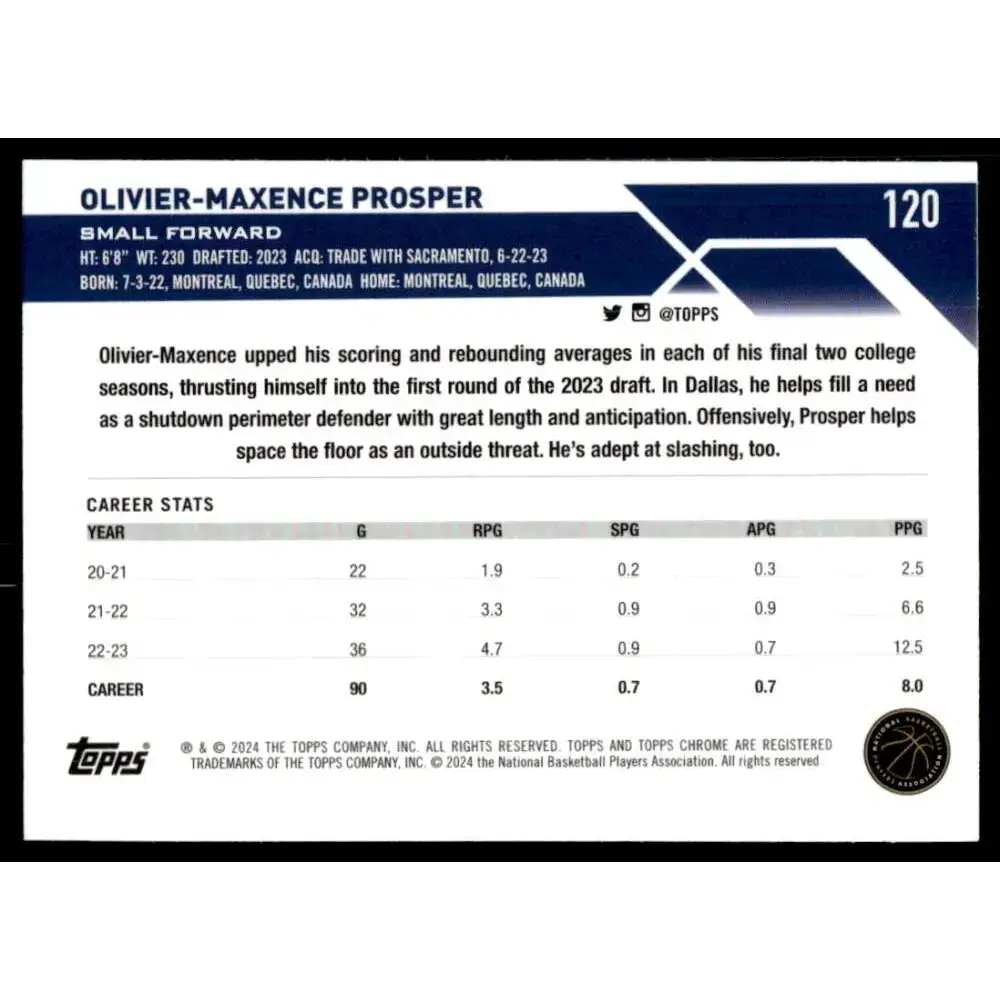 2023-24 Topps Chrome #120 Olivier-Maxence Prosper NM-MT Dallas Mavericks Basketball Card - Basketball Card Single