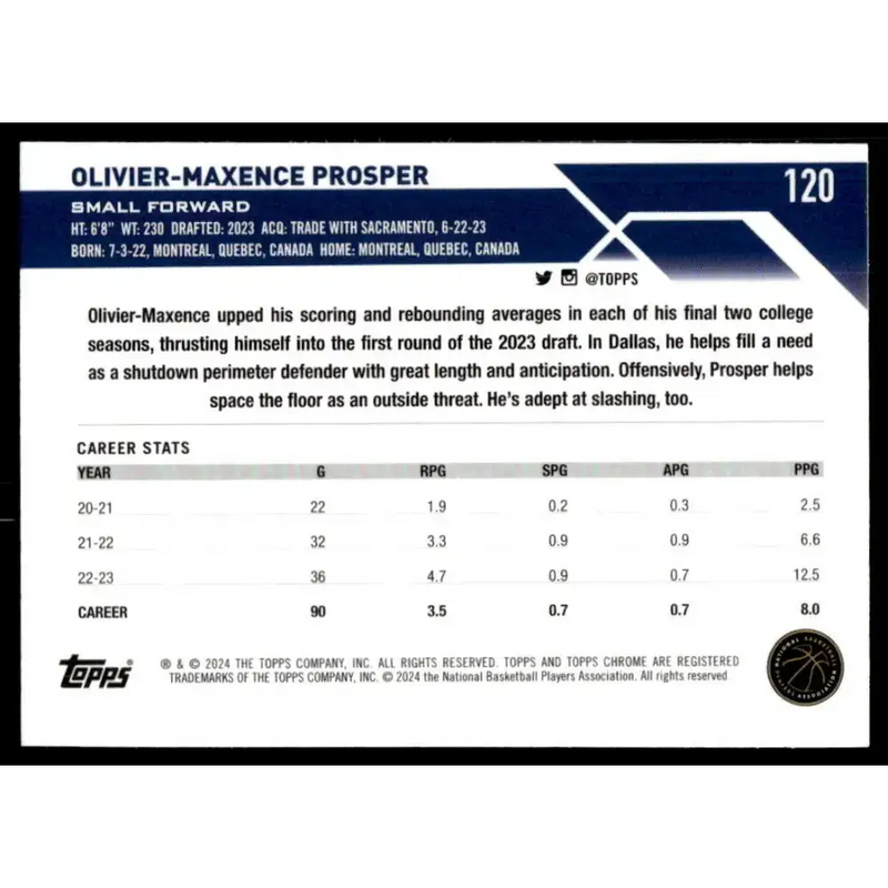 2023-24 Topps Chrome #120 Olivier-Maxence Prosper NM-MT Dallas Mavericks Basketball Card - Basketball Card Single