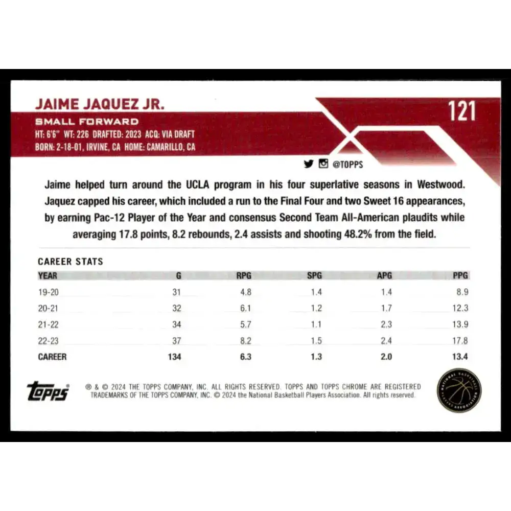 2023-24 Topps Chrome #121 Jaime Jaquez Jr. NM-MT Miami Heat Basketball Card - Basketball Card Single
