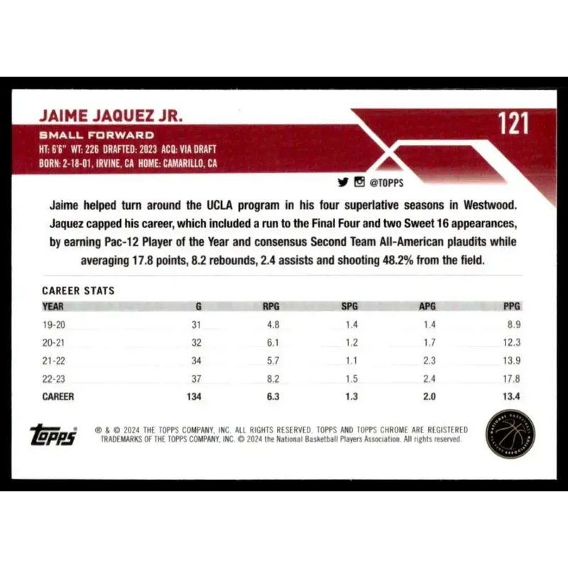 2023-24 Topps Chrome #121 Jaime Jaquez Jr. NM-MT Miami Heat Basketball Card - Basketball Card Single