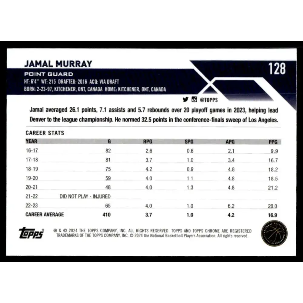 2023-24 Topps Chrome #128 Jamal Murray NM-MT Denver Nuggets Basketball Card - Basketball Card Single