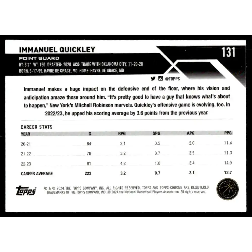 2023-24 Topps Chrome #131 Immanuel Quickley NM-MT Toronto Raptors Basketball Card - Basketball Card Single