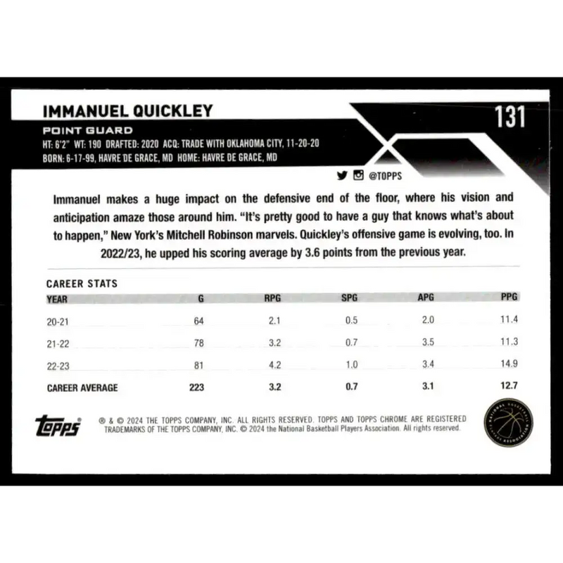 2023-24 Topps Chrome #131 Immanuel Quickley NM-MT Toronto Raptors Basketball Card - Basketball Card Single